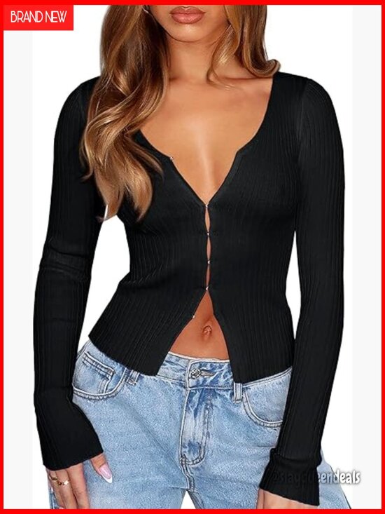 Sweaters - V Neck Long Sleeve Cropped Cardigan Going Out Top Y2k Ribbed Knit Open Front